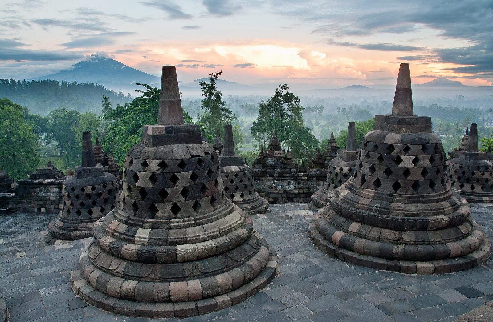 Borobudur stupas at sunrise